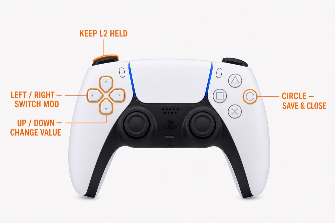 DualSense controller with the D-pad and Circle button highlighted: left/right switches mods, up/down changes values, Circle saves and closes, all while L2 stays held