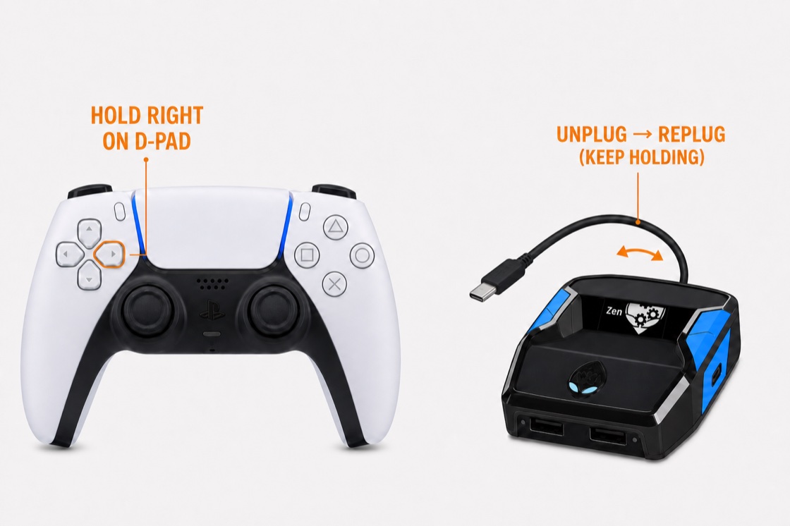 The bypass move: hold Right on the controller D-pad while unplugging and replugging the USB-C cable at the back of the Zen
