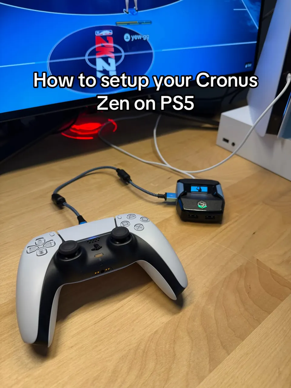 How to setup your Cronus Zen on PS5 — DualSense plugged into the Cronus Zen, Cronus Zen wired to a PS5 on the desk