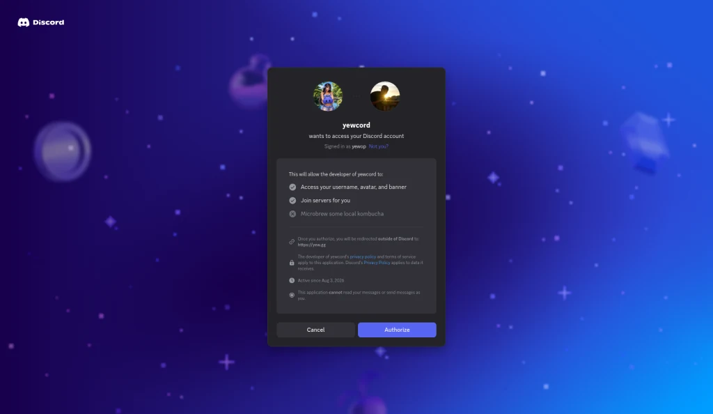 Discord consent screen for yewcord. It lists access to your username, avatar, and banner, and joining servers for you, and says the application cannot read your messages or send messages as you.