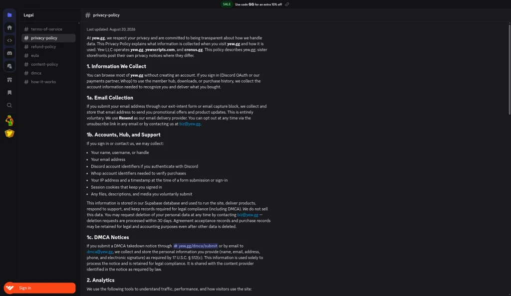 Top of the yew.gg privacy policy