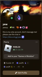 Discord member profile card showing the community role and roles from a yew.gg purchase